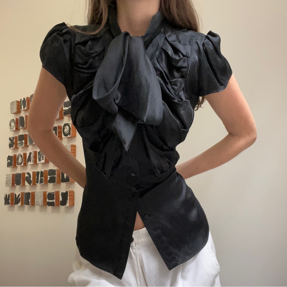 Vintage Black Silk Bow Blouse